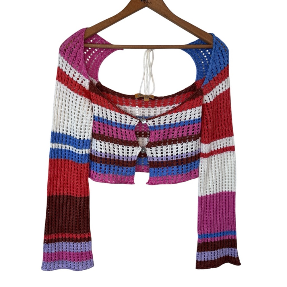 VRG GRL Striped Crochet Knit Cardigan Crop Top Retro Y2k Festival Boho